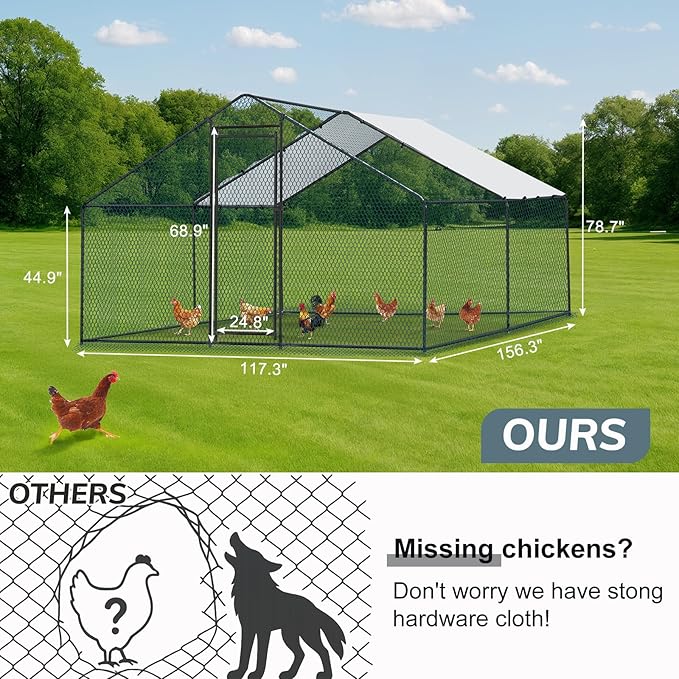 VINGLI Large Metal Chicken Coop, 13.1x9.8x6.5 ft Poultry Cage for Chicken Run, Walk-in Chicken Pen with Waterproof & Anti-UV Cover for Yard Outdoor (Black-Spire Roof)