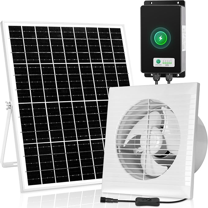 Solar Powered Rechargeable Exhaust Fan, 25W Solar 8" Ventilation Vent Fan with 66.6 Wh Battery Backup for Outside Greenhouse, Chicken Coop, Shed, Pet House