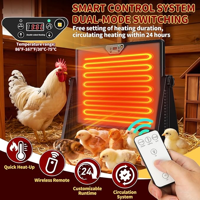 300W Chicken Coop Heater, Double Sided Heating with Adjustable Temperature Remote Control & Timer Function, Hanging Chicken Coop Heater for Winter Warmth, Includes Gloves and Chew-Proof Cord