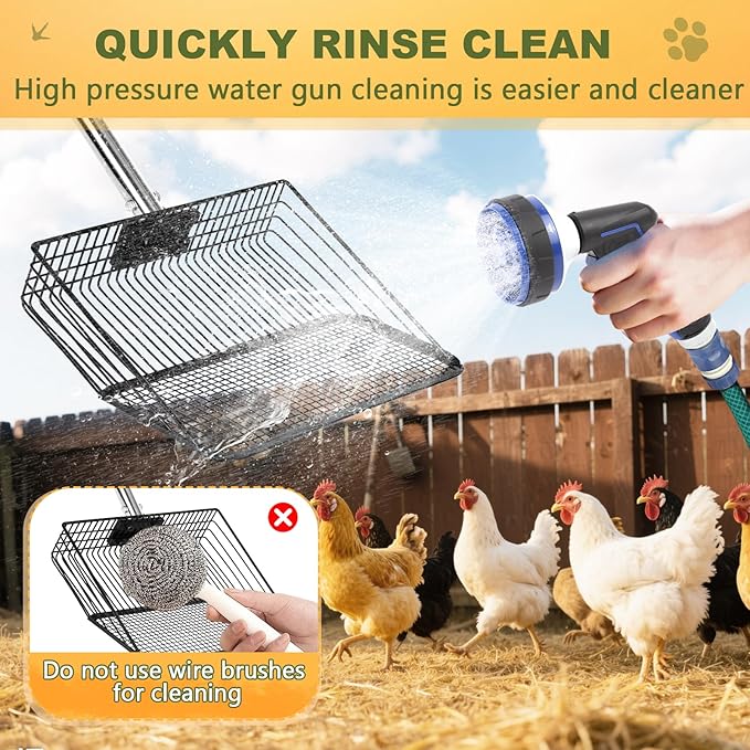 Chicken Poop Scooper - Stainless Steel Sifter Shovel 10 Inch Wide, 4-in-1 Detachable Tool 63 Inch Adjustable Metal Non-Slip Ergonomic Handle Heavy Duty Clog-Free Mesh Coop Scoop Cleaning Supplies