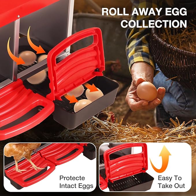 Chicken Nesting Boxes, 3 Compartments Egg Collection with Removable Drawer, Chicken Metal Laying Nest Box for Hens, Easy to Assemble, for Chicken Coop, Red