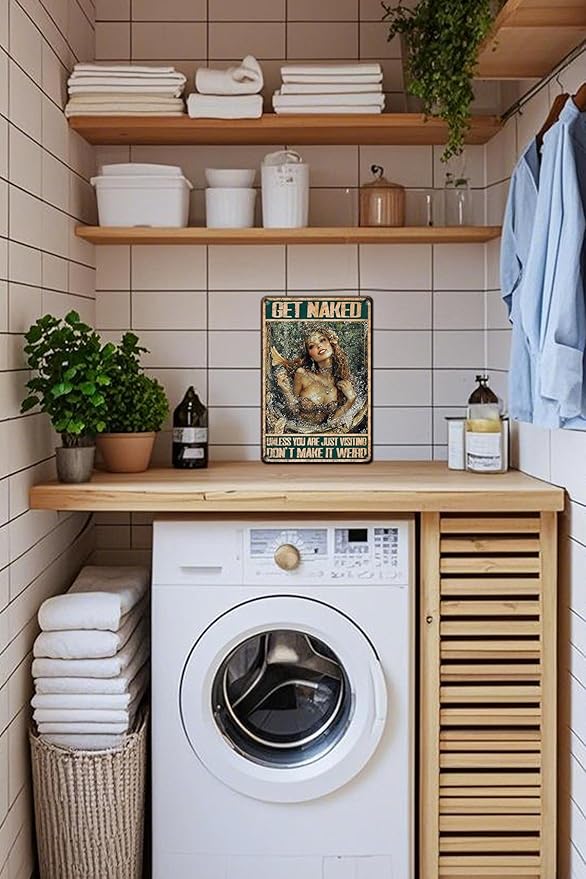 Mermaid Metal Sign Vintage Mermaid Bathroom Wall Art Decor Get Naked Unless You Are Just Visiting Don't Make It Weird Bathroom Accessories Tin Poster Home Toilet Cafe Office Decor 12x8 Inch