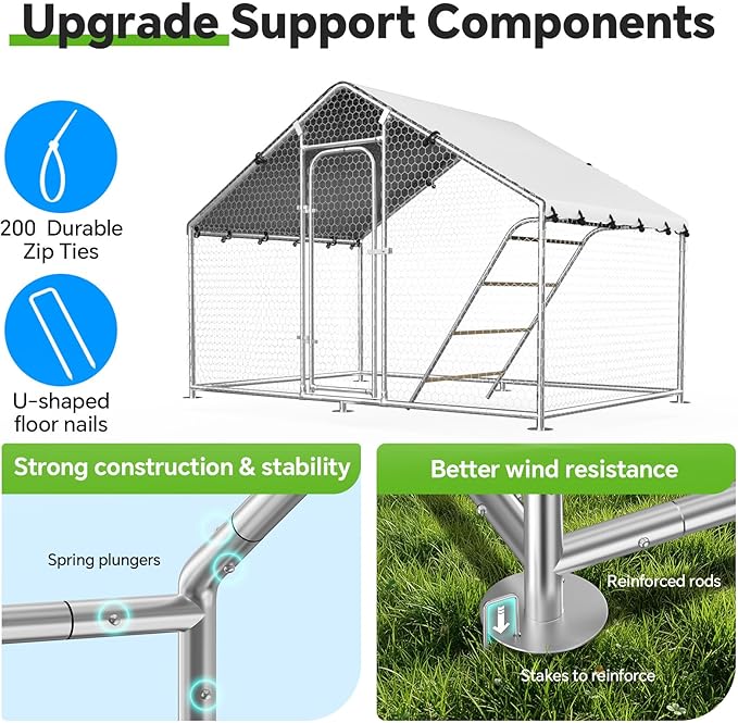 Large Metal Chicken Coop with Roosting Perch, UV-Resistant and Waterproof Cover, Chicken Run Outdoor Walk-in Cage Rabbit Duck Hen House for Yard Farm Use Spire Roof (10’ W x 4.9’ L x 6.4’ H)