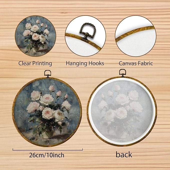 Hiuwevt Vintage Pink Rose Round Wall Art Decor, Cottagecore Moody Floral Framed Canvas Prints, Rustic Country Floral Round Wall Hanging Decor for Home Bedroom Living Room Decorations, 10x10 Inches