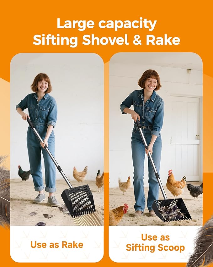 Chicken Poop Scooper & Rake 2-in-1, Adjustable Chicken Coop Pooper Shovel (35 to 62"), Sifting Litter Shovel Scoop for Chicken Coop/Goat Stall/Stable Cleaning Tool