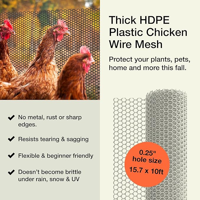 MaPorch Plastic Chicken Wire Mesh Fence - White Mesh, 15.7 in x 10 ft - Quick-Install Chicken Wire Fencing - Plant Protectors from Animals - Durable Garden Netting - Pet & Poultry Netting (2-Pack)