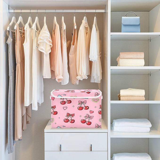 Cherries Hearts Bows Stars Storage Bins with LidsPink Foldable Storage Basket with Handles Collapsible Large Fabric Organizer Containers for Clothes Shelves Closet Office Home