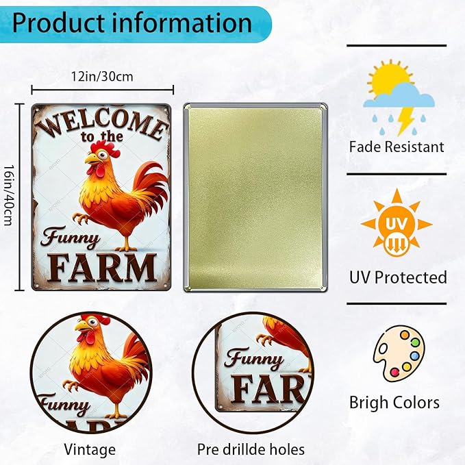 Funny Rooster Decor Sign Welcome To The Funny Farm Rustic Tin Sign for Home Farm Chicken Coop Decor 16x12 Inch
