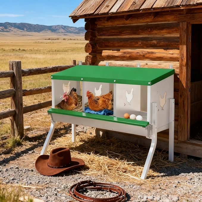 Garvee 3 Compartment Chicken Nesting Box with Legs, Wall Mount/Free Standing Poultry Nest for Chickens, Hens, Ducks, Metal Chicken Laying Boxes with Perch, Secure Lid, Vented Holes, Green