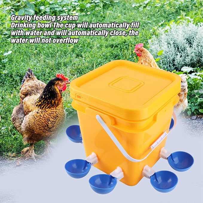High Capacity Automatic Chicken Waterer Bowl with 12L Handheld Bucket Gravity Watering System for Quail, Easy Installation - Durable Plastic (Bucket + Big Blue Bowl + Black Screws)