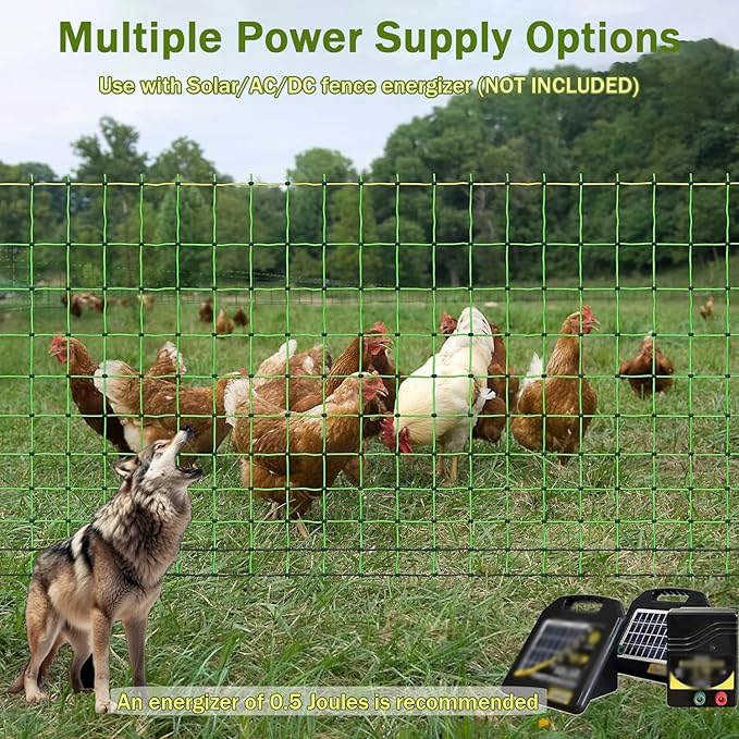 Electric Fence for Chickens, Electric Poultry Netting, Solar Powered Electric Fence, with 14 Posts Double Spiked, for Chicken, Cat, Rabbit in Backyards, Ranches, Farms