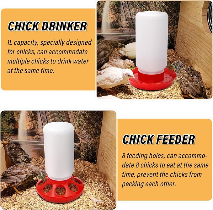 Chicken Feeder and Waterer Set Hanging Chicken Waterer Feeder for Poultry Duck Quail Chick Baby Automatic Chicken Feeders no Waste Bird Water Dispenser Chicken Coop Accessories Supplies (Red)