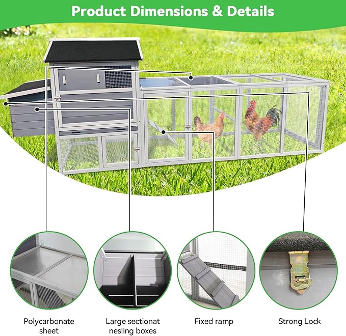 Large Outdoor Chicken Coop, Durable Wooden Hen House with Run & Nesting Box, Anti-UV Waterproof Roof, Sliding Door & Ramp for Backyard Small Animals, Gray