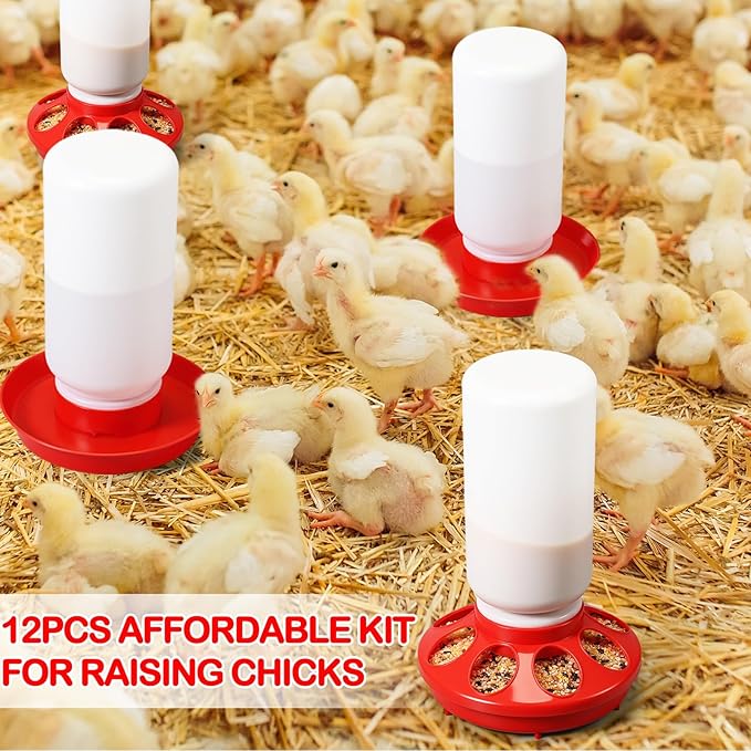 12 Pcs 0.3 Gal Chick Feeder and 0.3 Gal Waterer Set Baby Chicken Supplies Poultry Starter Kit Plastic No Waste Chick Coop Brooder Accessories for Small Chicken Quail Pigeon Duckling Birds