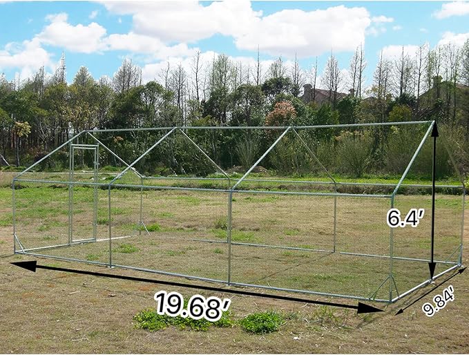 Large Metal Chicken Coop Walk-in Poultry Cage Hen Run House Habitat Spire Shaped Cage with Waterproof and Anti-Ultraviolet Cover for Outdoor Backyard Farm Use (19.68’ L×9.84’ W)