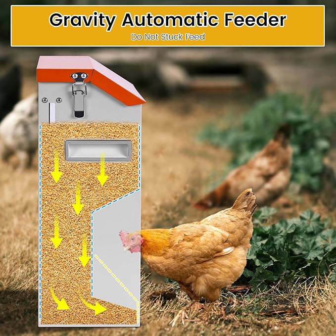 20Lbs Automatic Chicken Feeder Large Poultry Feeders No Waste Outdoors Metal Hanging Chicken Feeder Trough Dispenser with Lid and Visual Window for Chicken Poultry Turkey Duck