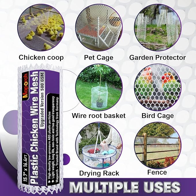 MaPorch Plastic Chicken Wire Mesh Fence with Scissors - White Mesh, 15.7" x 16.4 ft - Quick-Install Chicken Wire Fencing - Durable Garden Netting Plant Protectors from Animals - Pet & Poultry Netting