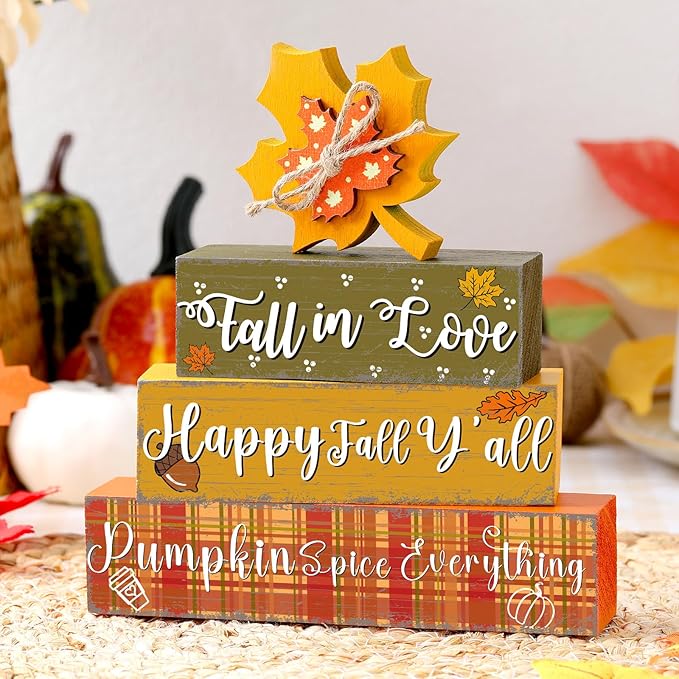 Geelin 4 Pcs Thanksgiving Decorations Fall Wooden Sign Maple Leaves Thanksgiving Pumpkin Table Centerpiece Tiered Tray Decor Fall Wood Blocks Tiered Tray Decor Table Top Sign for Home