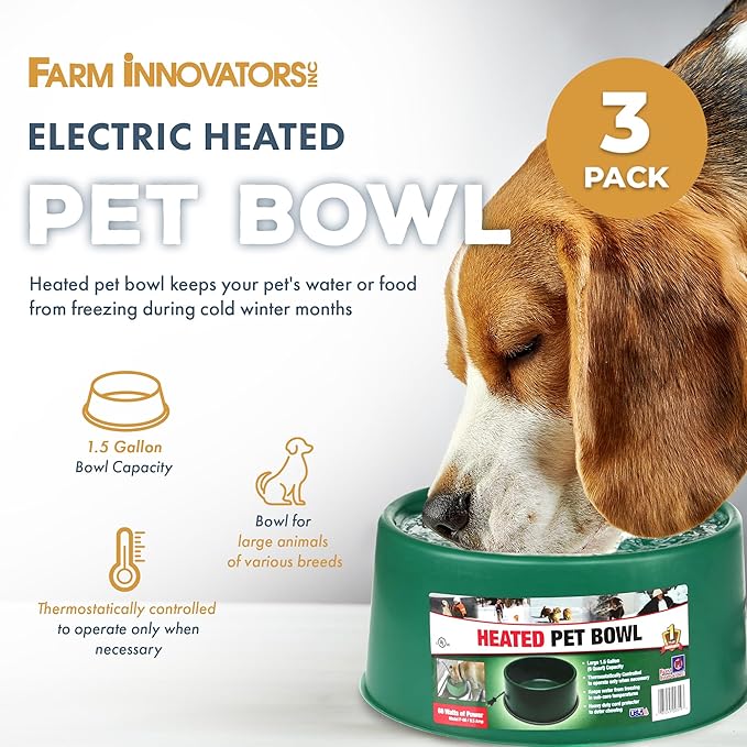 Farm Innovators P-60 1.5 Gallon 60 Watt Heated Pet Water Bowl, Thermostatic Control & Anti Chew Cord, Green (3 Pack)