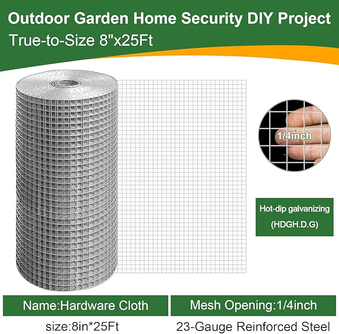 TNELTUEB 8in x 25Ft Hardware Cloth Hot-Dip Galvanized Welded Wire Mesh - Heavy Duty 1/4inch 23 Gauge Chicken Wire Fencing for Garden, Chicken Coop, Rabbit Cage, Rodent & Predator Protection