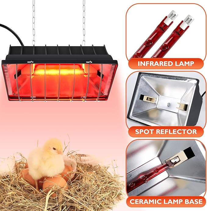 Heat Lamp for Chickens Chicks, Chicken Coop Heater with Adjustable Temp Hanging Height for Winter
