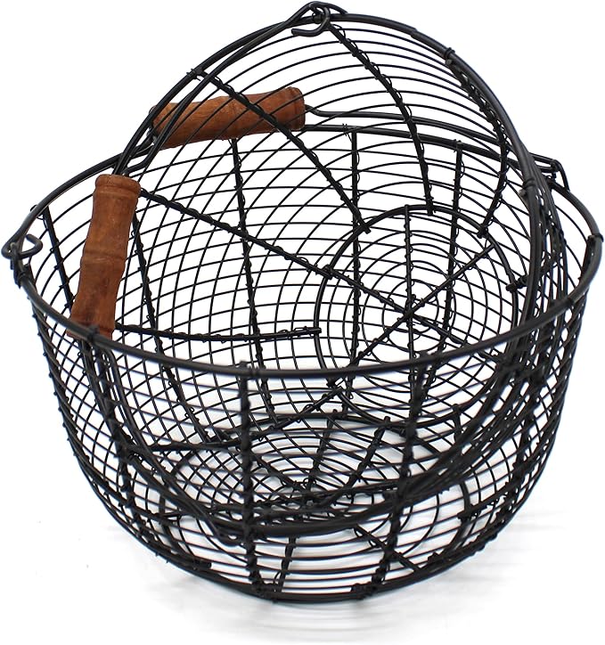 CVHOMEDECO. Metal Wire Egg Baskets Wire Fruit Baskets with Wooden Handle Country Vintage Style Storage Baskets. Matt Black, Set of 2. (Round)