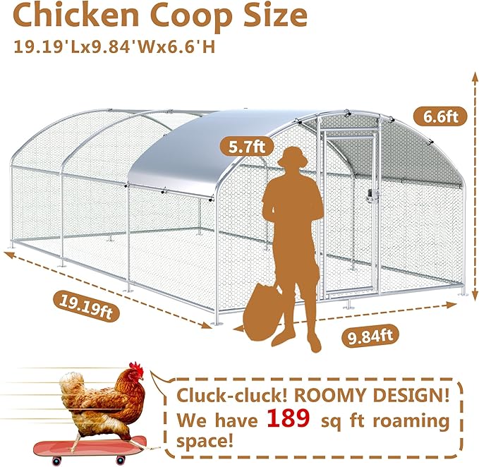 Large Metal Chicken Coop Run, 19.2x9.8x6.2 ft Chicken Runs for Yard with Cover, Walk-in Chicken Pen for 18-24 Hens, Anti-Rust Poultry Cage with Stable Wind-Resistant Dome Roof Design