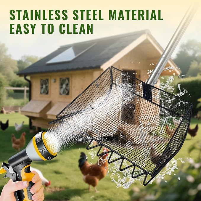 2-in-1 Chicken Poop Scooper & Rake, 12 Inch Large Metal Shovel Head, Chicken Litter Scoop with Adjustable Handle for Chicken Coop & Pet Waste Cleaning (37 to 65"), US Patent Pending (Black)