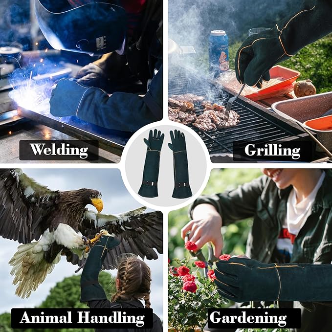 Animal Handling Gloves - 23.6 inch Bite Proof Gloves, Anti Scratch Cowhide Leather for Cat Grooming, Snake Animal Handling