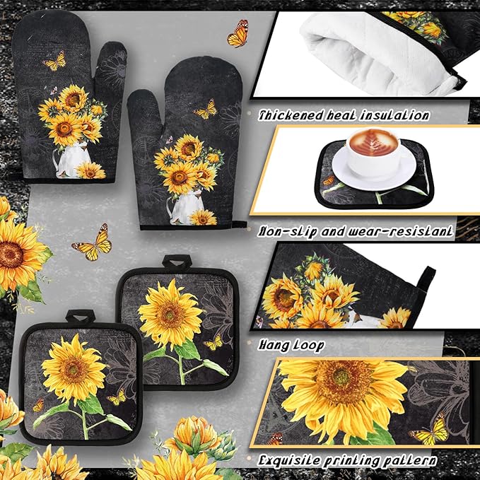 10 Pcs Vintage Sunflower Kitchen Dish Towels Rugs Oven Mitts and Pot Holders Set Farmhouse Kitchen Decor Set for Women Mom Daughter Gift Cooking Baking Grilling(Vintage Gray)
