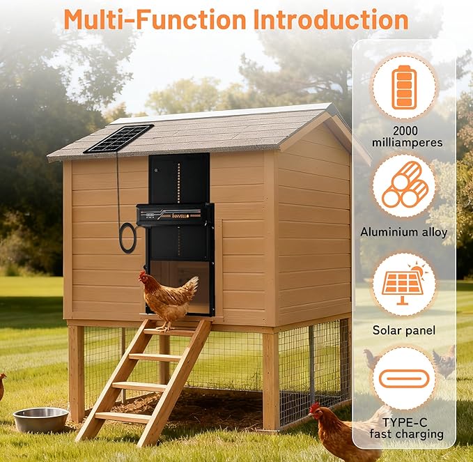 Automatic Chicken Coop Door, Solar Powered with Remote Control, Timer & Light Sensor, Anti-Pinch Safety for Chicken Run & Duck Coop