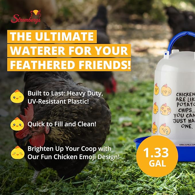 Stromberg's Poultry Drinker 5L, Blue Chicken Emoji Poultry Waterer, Heavy Duty UV-Resistant Plastic, Easy to Fill and Clean, Suitable for All Coops