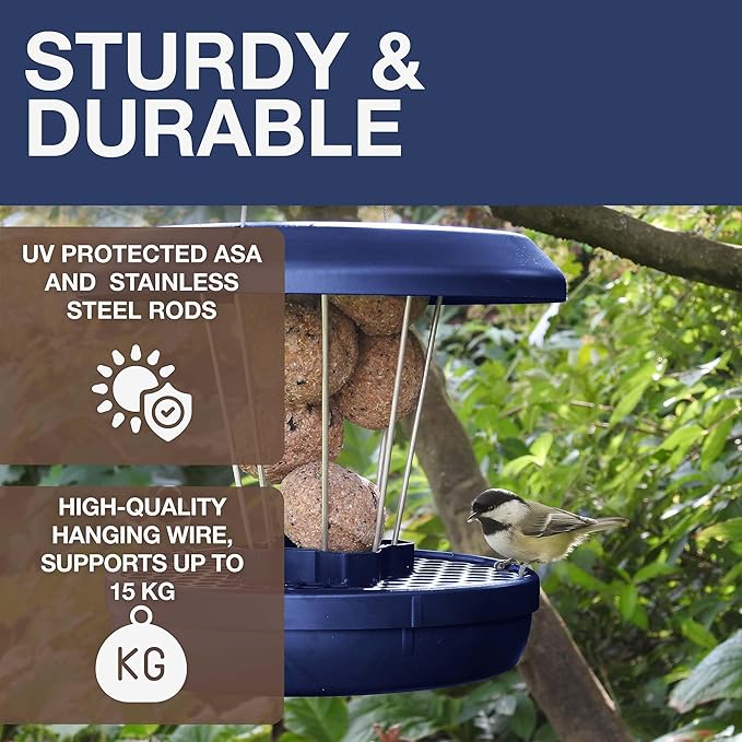 SWISSINNO Bird Feeders - No Mess Fat Ball/Suet Feeder for Outdoors Hanging - Smart Birds Lucerne Spill Proof Wild Cardinal Bird Feeder with Integrated Seed Catcher Tray - Indigo