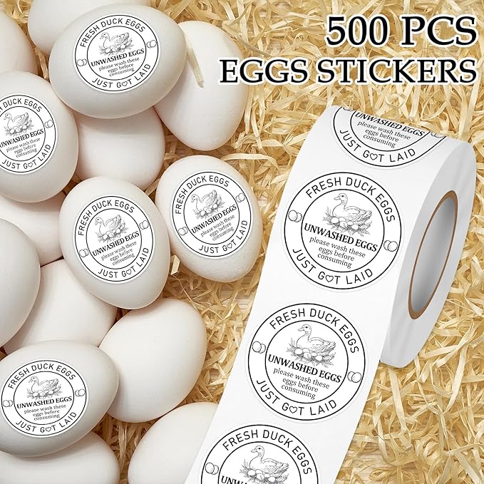 Louise Maelys 2Inch 500 Pcs Farm Fresh Duck Egg Stickers Unwashed Duck Egg Carton Labels - Market Egg Handling Sticker for Poultry Farms, Farmers Markets & Organic Produce