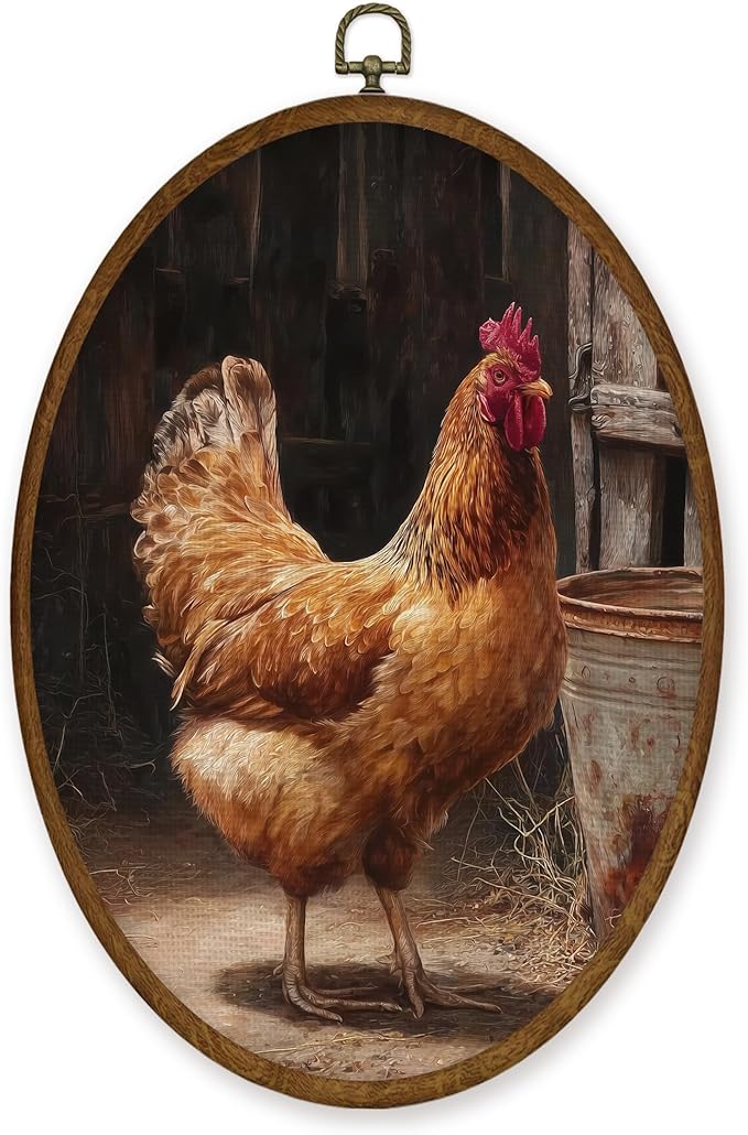 WULQYING Vintage Farmhouse Chicken Wall Art Decor, Rustic Country Chicken Oval Framed Canvas Art Prints, Retro Cottagecore Farm Animal Wall Hanging Decor for Home Bedroom Living Room, 8.6x11.4 Inches