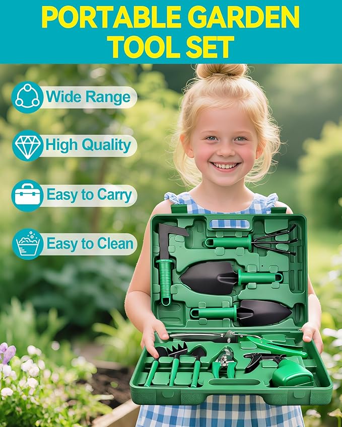 Garden Tool Set, 10pcs Heavy Duty Gardening Tools, Durable Gardenings Hand Tools, Gardening Tool Set with Ergonomic Handle, Gardening Supplies with Storage Box, Ideal Garden Gifts for Women