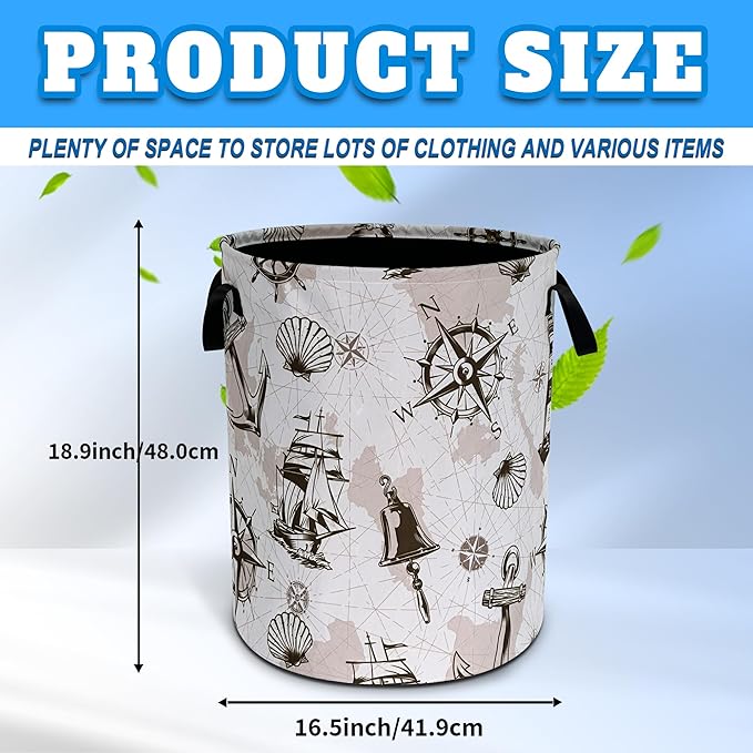 Compass Anchor Sailboat Nautical Laundry Basket Oxford Cloth Laundry Hamper With Handle Foldable Portable Clothes Storage Basket 18.9 X 16.5 Storage Bag For Laundry Room/Bathroom/Bedroom/Dormitories