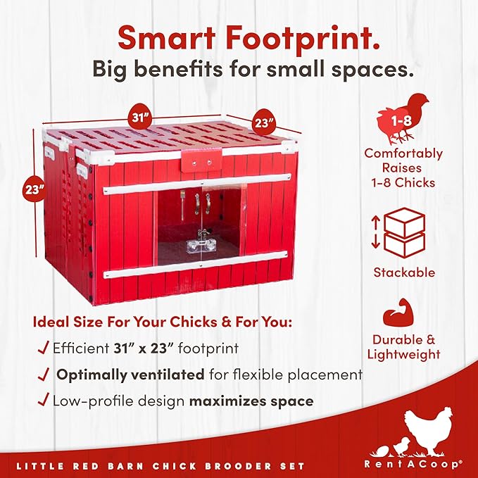 RentACoop Little Red Barn Chick Brooder Set | Durable, Lightweight, Easy-Clean, Multipurpose | with Heating Plate, Feeder, Waterer, Absorbent Hatchling Liners, Jute Liners, LED Light, Security Latch