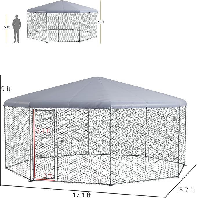 PawHut Large Chicken Coop Metal Chicken Run for Chickens with Waterproof and Anti-UV Cover, Polygon Shaped Walk in Fence Cage Hen House for Outdoor and Yard Farm Use, 1" Dia, 17.1' x 15.7' x 9'