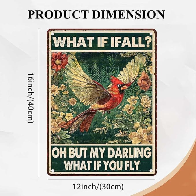 Red Bird Vintage Tin Sign What If I Fall Metal Tin Sign for Home Bedroom 12X16Inch
