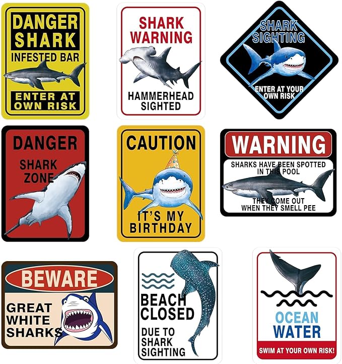 WERNNSAI Shark Birthday Party Decorations - 9 PCS Blue Shark Party Decoration Signs for Kids Boys Under The Sea Birthday Supplies Ocean Shark Signs Decor for Ocean Themed Baby Show Party Favors