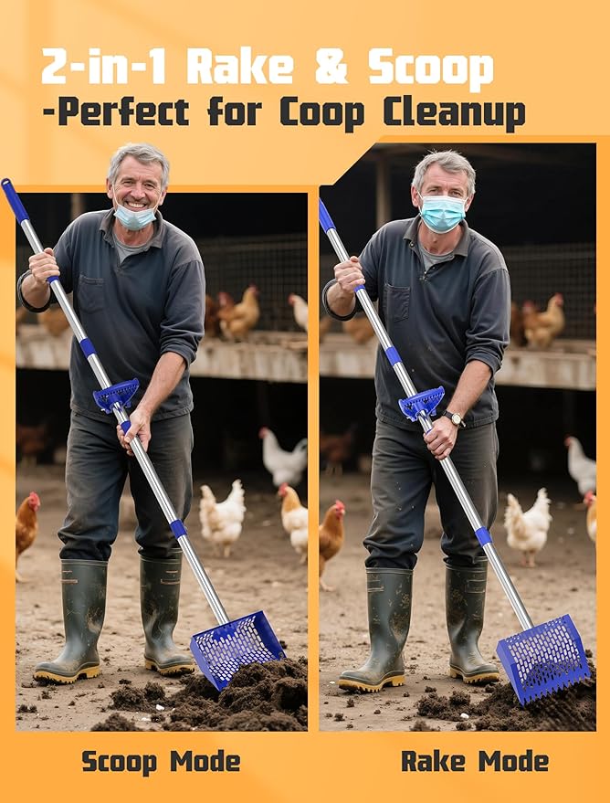 Chicken Poop Scooper & Rake, Metal Sifting Shovel 10" Wide Metal Head, Adjustable Handle to 74", Chicken Coop Scooper with Adjustable Handle for Chicken Coop & Pet Waste Cleaning