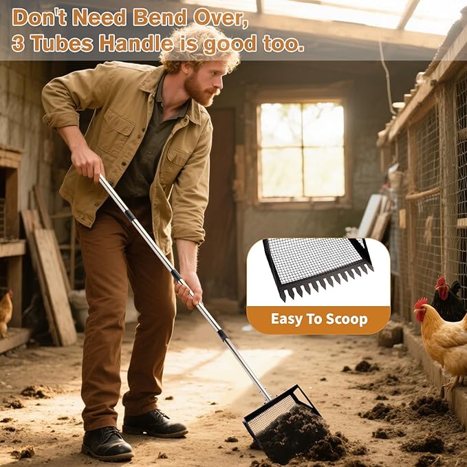 Chicken Poop Scooper, 2-in-1 Chicken Coop Scoop Rack with Duable Stainless Steel Handle, Sand Shifting Shovel Metal Coop Scoop, Pooper Scooper for Farm Animals