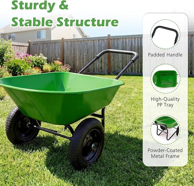 IRONMAX Dual-Wheel Wheelbarrow, Heavy Duty Wheel Barrel with All-Terrain Wheels, 330 LBS Utility Yard Cart with Built-in Stand, Outdoor Gardening Carts for Lawn, Farm, Planting (Light Green)