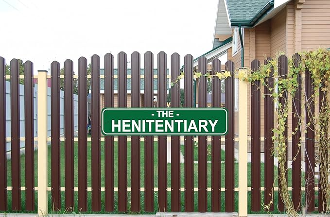 The Henitentiary Sign Chicken Coop Rustic Metal Street Sign or Door Name Plate Plaque Home Patio Garden Bar Farm House Garage Wall Decor Green Tin Signs 16 X 4 Inch
