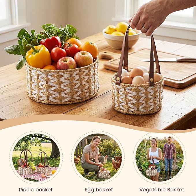 2 Size Egg Collecting Baskets with Handle for Collecting Chicken Fresh Eggs Farmhouse Wicker Basket Vintage Countertop Fruit Holder Detachable Faux Leather Handle for Storage Harvest Kitchen