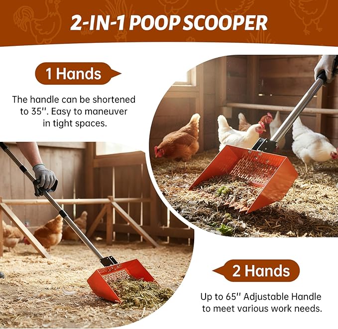 Chicken Poop Scooper for Sand, 12'' Wide 2-in-1 Chicken Coop Scooper and Rake, 36'' to 77'' Extra-Length Effort-saving Handle Chicken Coop Pooper Scooper Sifting Shovel, Chicken Coop Cleaning Tools
