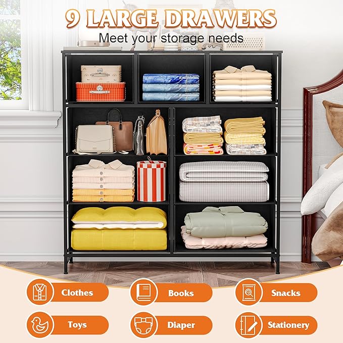 WelFurGeer 9-Drawer Dressers with Sturdy Metal Frame - Tall Chest Organizer Unit with Fabric Bins, Storage Chest of Drawers for Bedroom, Living Room, Hallway, Entryway, Closet, Black