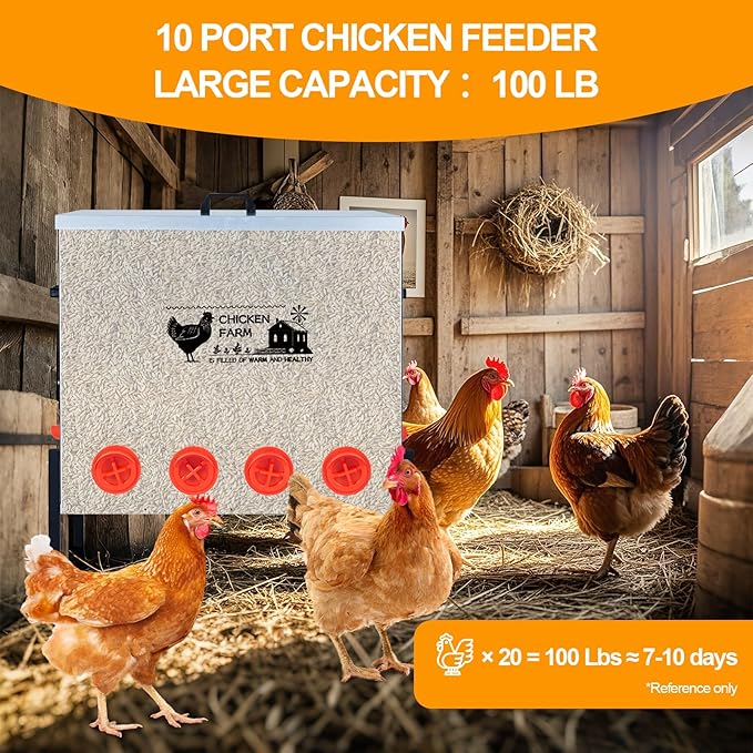 Automatic Chicken Feeder Box 100 lbs, 10 Feeding Ports, No Waste Poultry Feeder with Locking Lid and Adjustable Legs for Chickens, Ducks, Geese Galvanized Metal (100 Lbs-10 Ports)