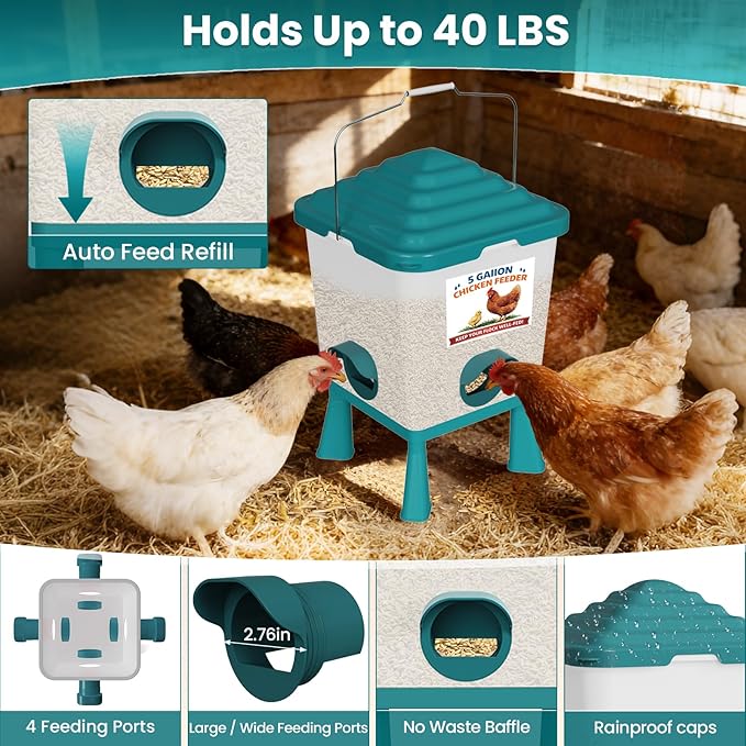 Chicken Feeder and Waterer Set, 5 Gallon Automatic Chicken Waterer with Cups, 40LB Large Chickens Feeders No Waste, Chicken Coop Accessories, Poultry Feeder & Chicken Watering System for Ducks, Quails